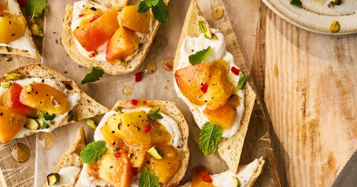 Thyme & peach bruschetta with ricotta & pistachios