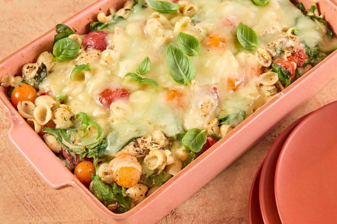 Creamy Basil-Tomato Chicken Pasta Bake