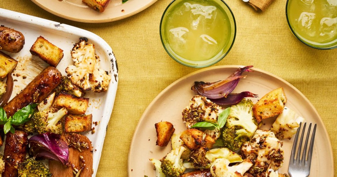 Sausage traybake with garlic butter croutons