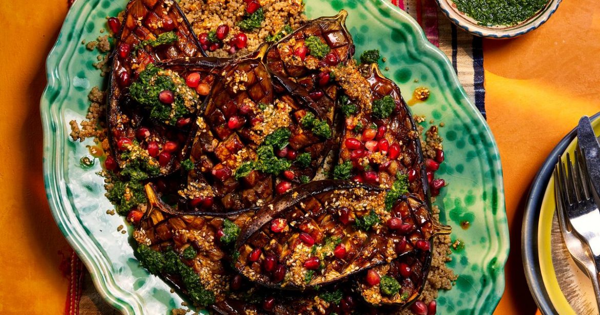 Glazed aubergine with salsa macha & coriander oil