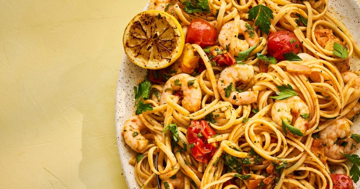 Sharing platter linguine with prawn pil pil, The Best burst cherry tomatoes & charred lemon