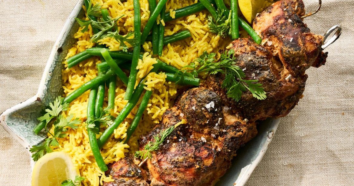 Tandoori chicken king kebab with turmeric & green bean biryani