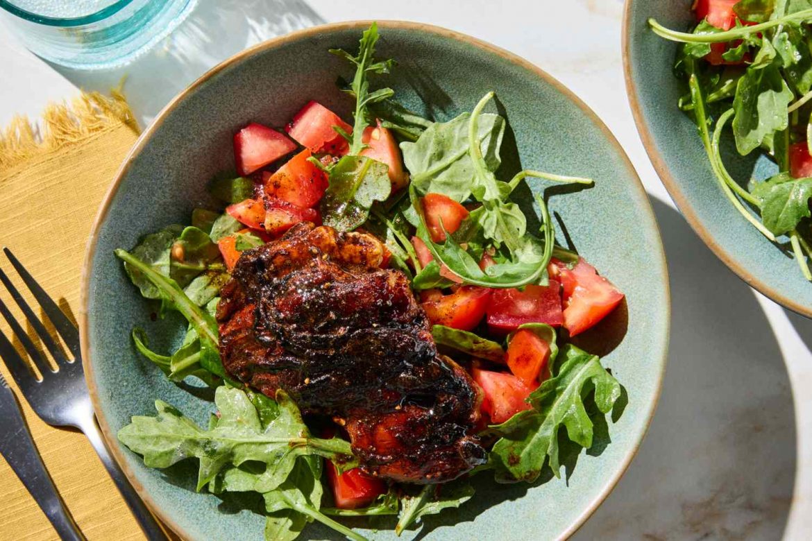 Balsamic Chicken Thighs with Arugula-Tomato Salad